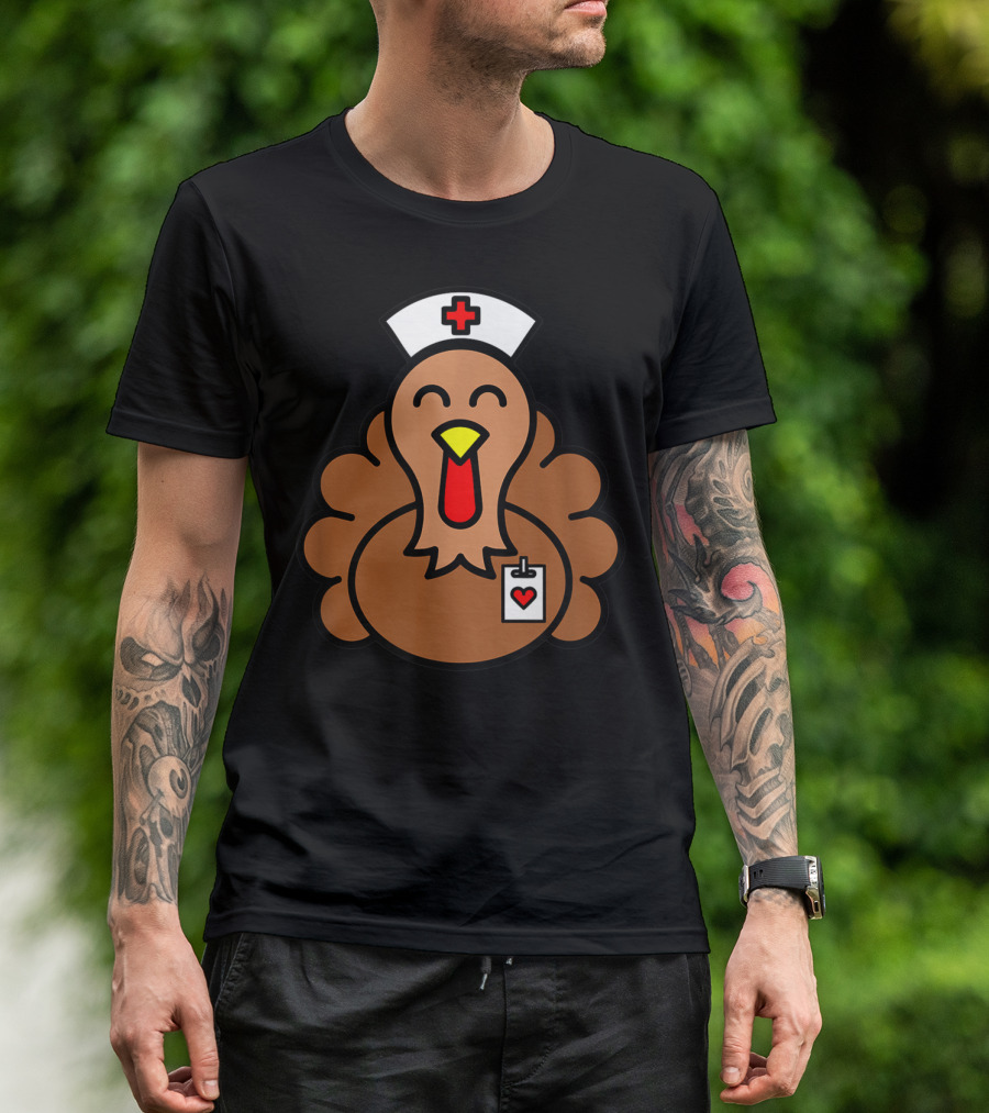 CUTE FUNNY THANKSGIVING TURKEY NURSE WITH MEDICAL HAT AND HEART BADGE T-Shirt