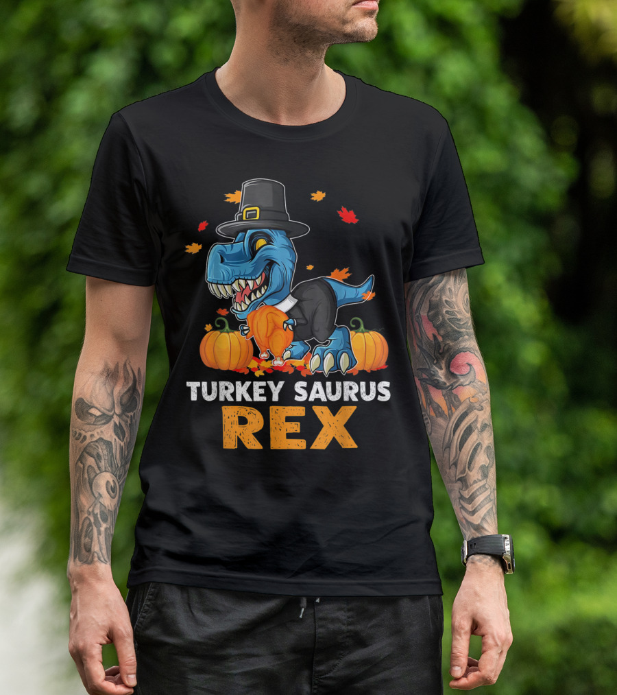 TURKEY SAURUS REX DINOSAUR THANKSGIVING BOYS PUMPKINS LEAVES PILGRIM HAT T-Shirt