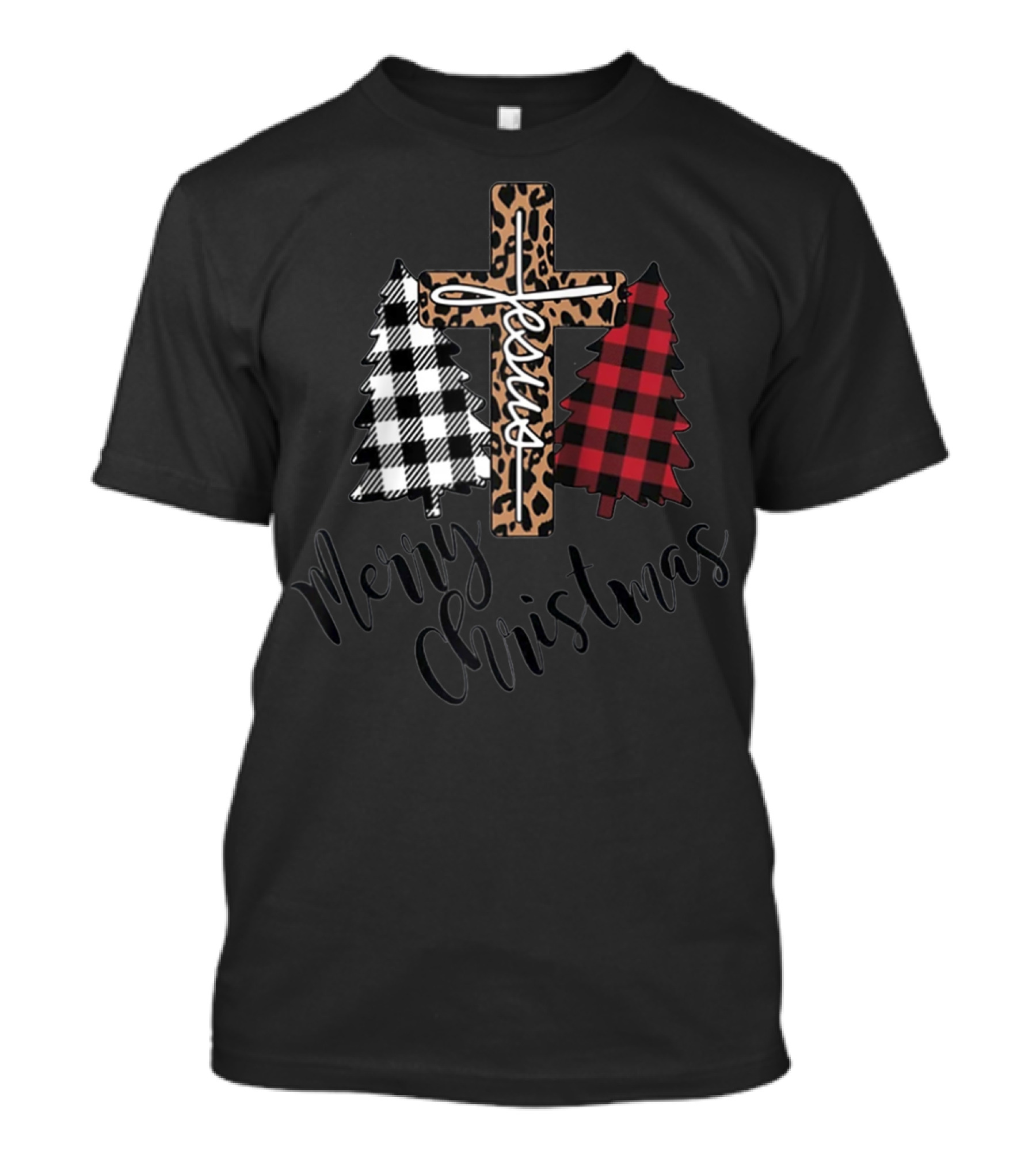 Merry Christmas Jesus Leopard Cross Plaid Pine Trees T-Shirt