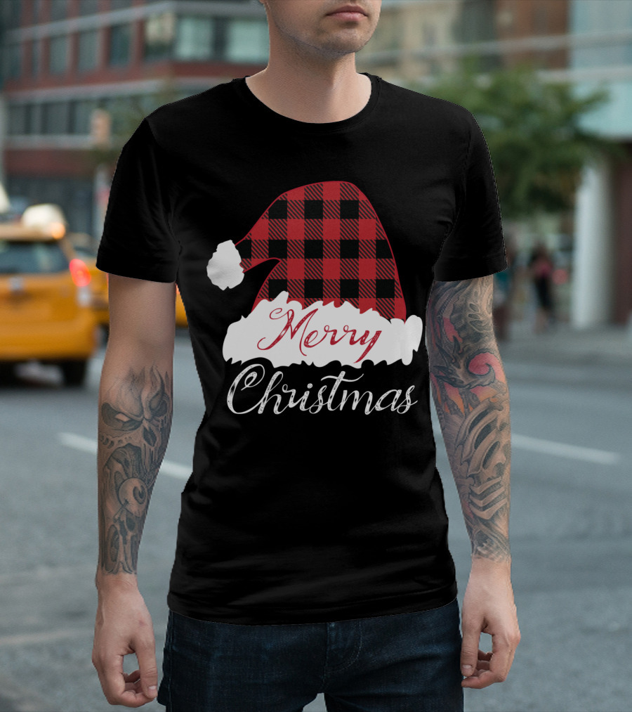 Merry Christmas Red Buffalo Plaid Santa Hat T-Shirt