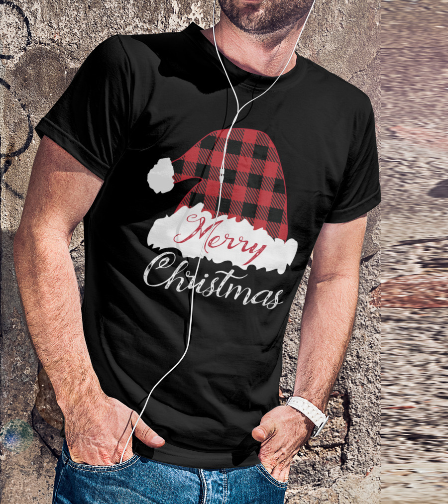 Merry Christmas Red Buffalo Plaid Santa Hat T-Shirt
