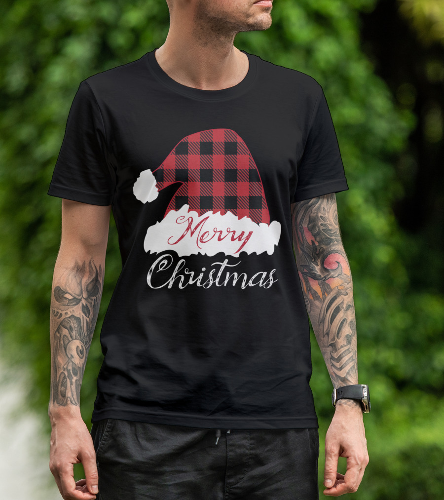 Merry Christmas Red Buffalo Plaid Santa Hat T-Shirt