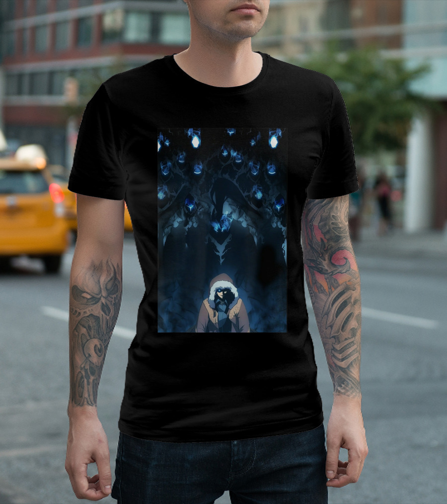 SOLO LEVELING COOLS Shadowy Figure Surrounded by Mysterious Blue Spirits T-Shirt