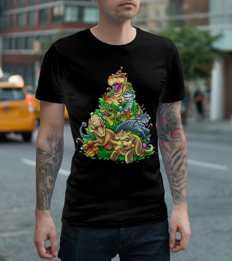 DINOSAUR CHRISTMAS TREE WITH CANDY CANES AND PRESENTS T-Shirt