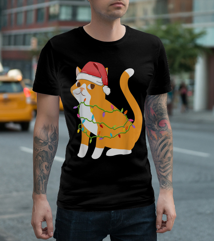 Cats Tree Christmas Xmas Pet Santa Hat Lights T-Shirt