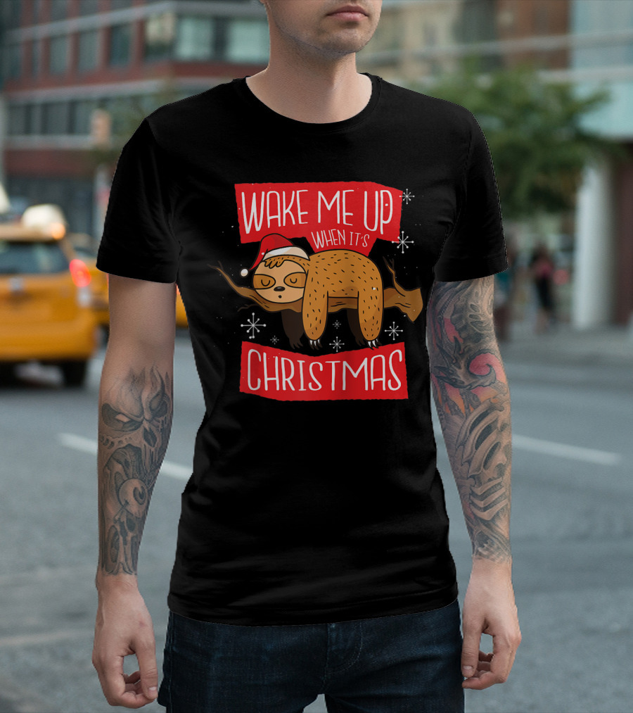 Wake Me Up When It's Christmas Sloth Wearing Santa Hat Sleeping T-Shirt