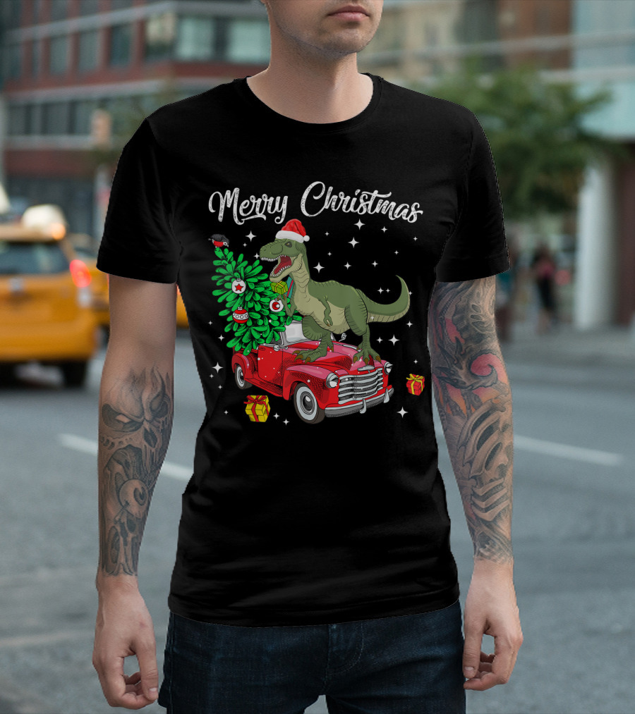 Merry Christmas Dinosaur T-Rex Tree on Red Truck with Presents T-Shirt