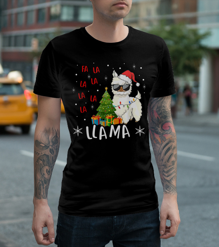 Fa La La Llama Llama Christmas Santa Hat Sunglasses Tree Presents T-Shirt