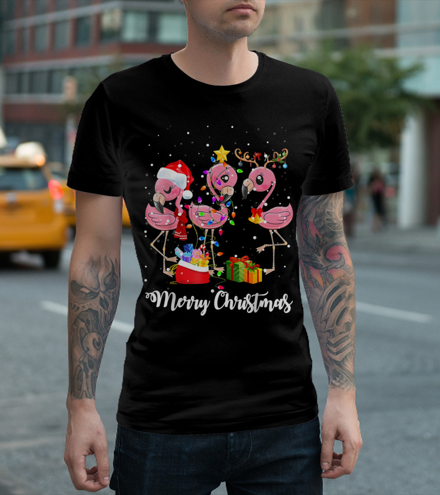 Merry Christmas Funny Flamingo Xmas Lights Santa Hat Gifts T-Shirt