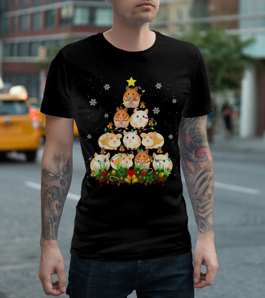 Hamster Christmas Tree Cute Rodents Festive Holiday Lights and Snowflakes T-Shirt
