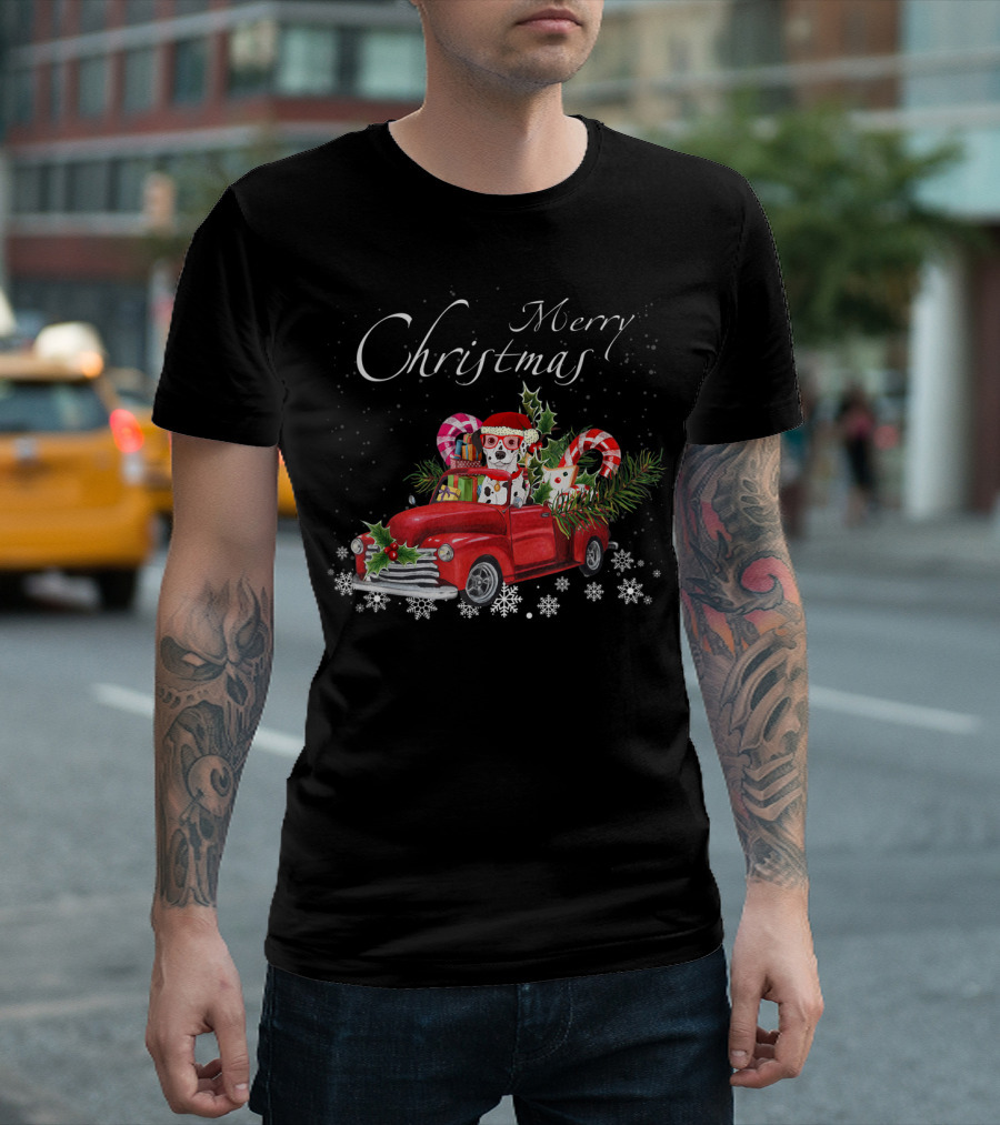 Merry Christmas Cute Santa Dalmatian Riding Red Truck with Candy Canes and Snowflakes T-Shirt