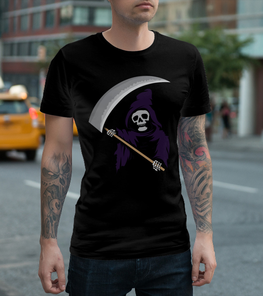 Grim Reaper Cute Halloween Dark Humor Skeleton Scythe Purple Hood T-Shirt