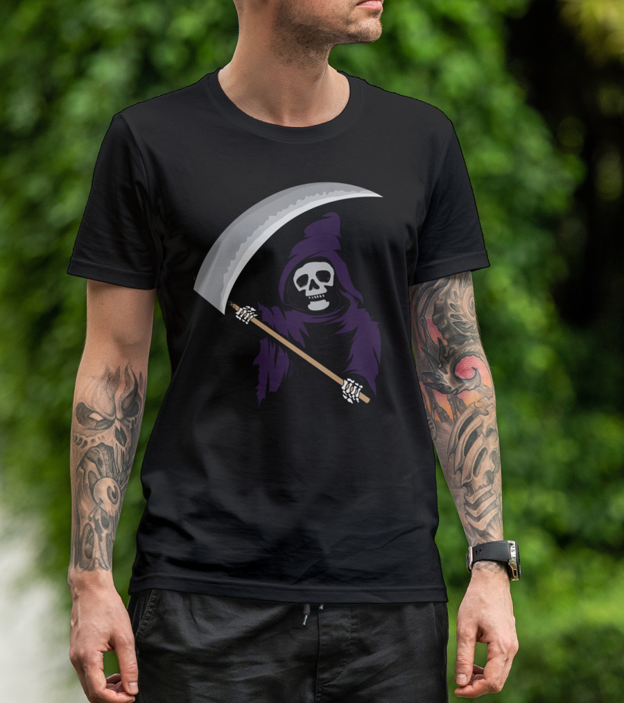 Grim Reaper Cute Halloween Dark Humor Skeleton Scythe Purple Hood T-Shirt