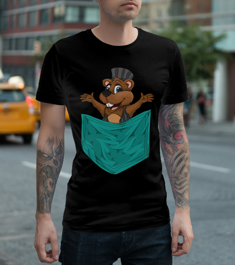Groundhog Popping Out of Pocket Cartoon for Groundhog Day Marmots T-Shirt