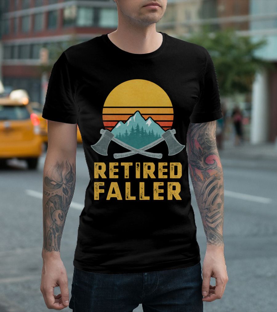 Retired Faller Lumberjack Logger Mountain Sunset Axes T-Shirt