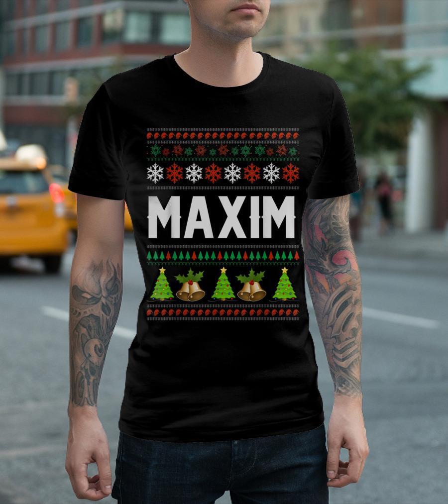 MAXIM Ugly Christmas Sweater Style with Snowflakes and Holiday Bells T-Shirt