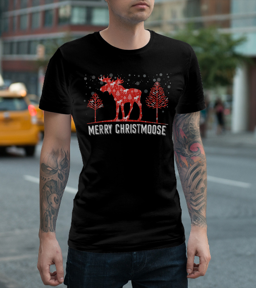 Merry Christmoose Festive Red Moose and Snowy Trees T-Shirt