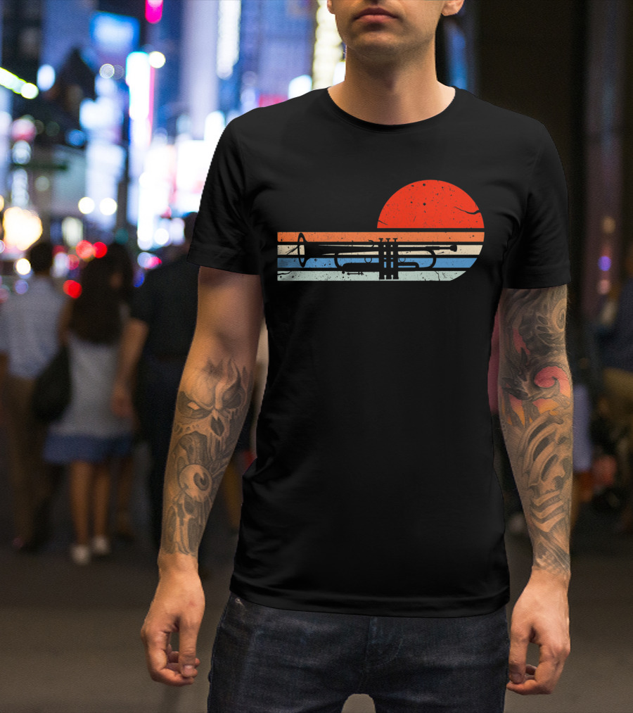 Retro Trumpet Musician Marching With Vintage Sunset T-Shirt