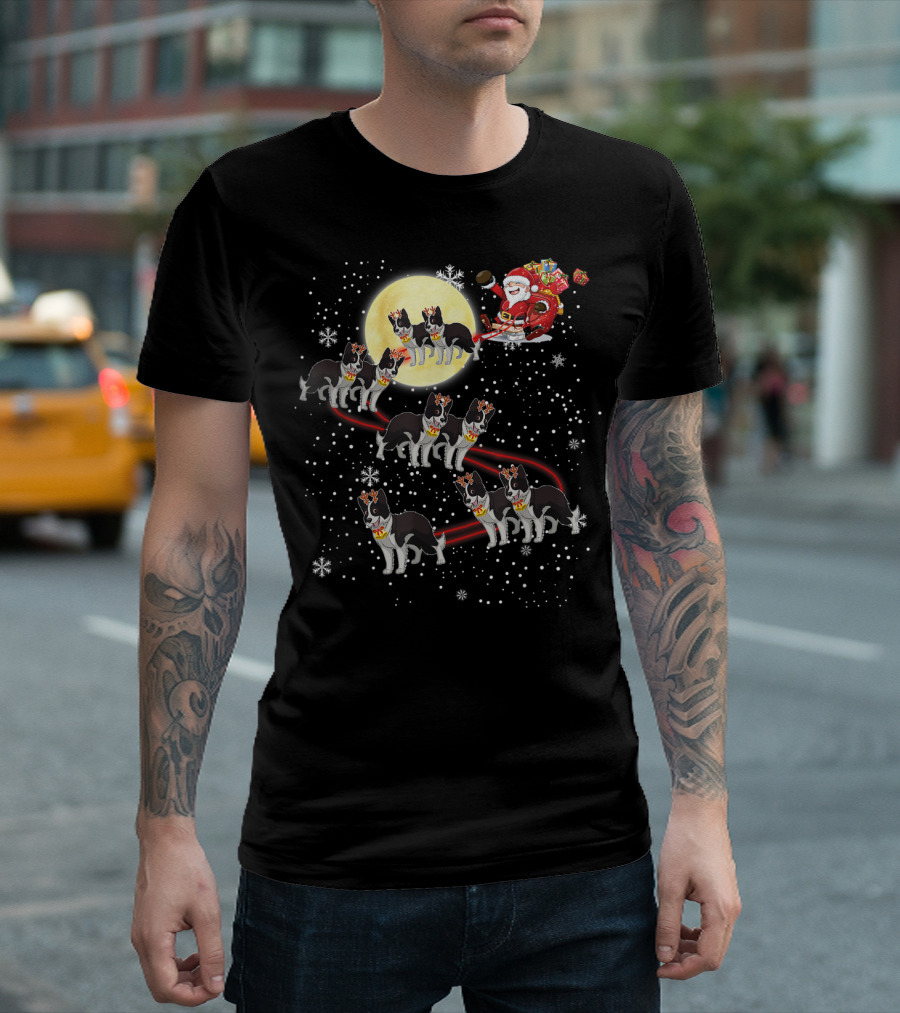 Santa's Border Collie Sleigh Under Moonlit Snowfall T-Shirt