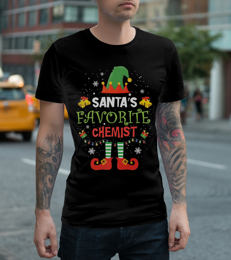 Santa's Favorite Chemist Elf Christmas Bells and Gifts T-Shirt