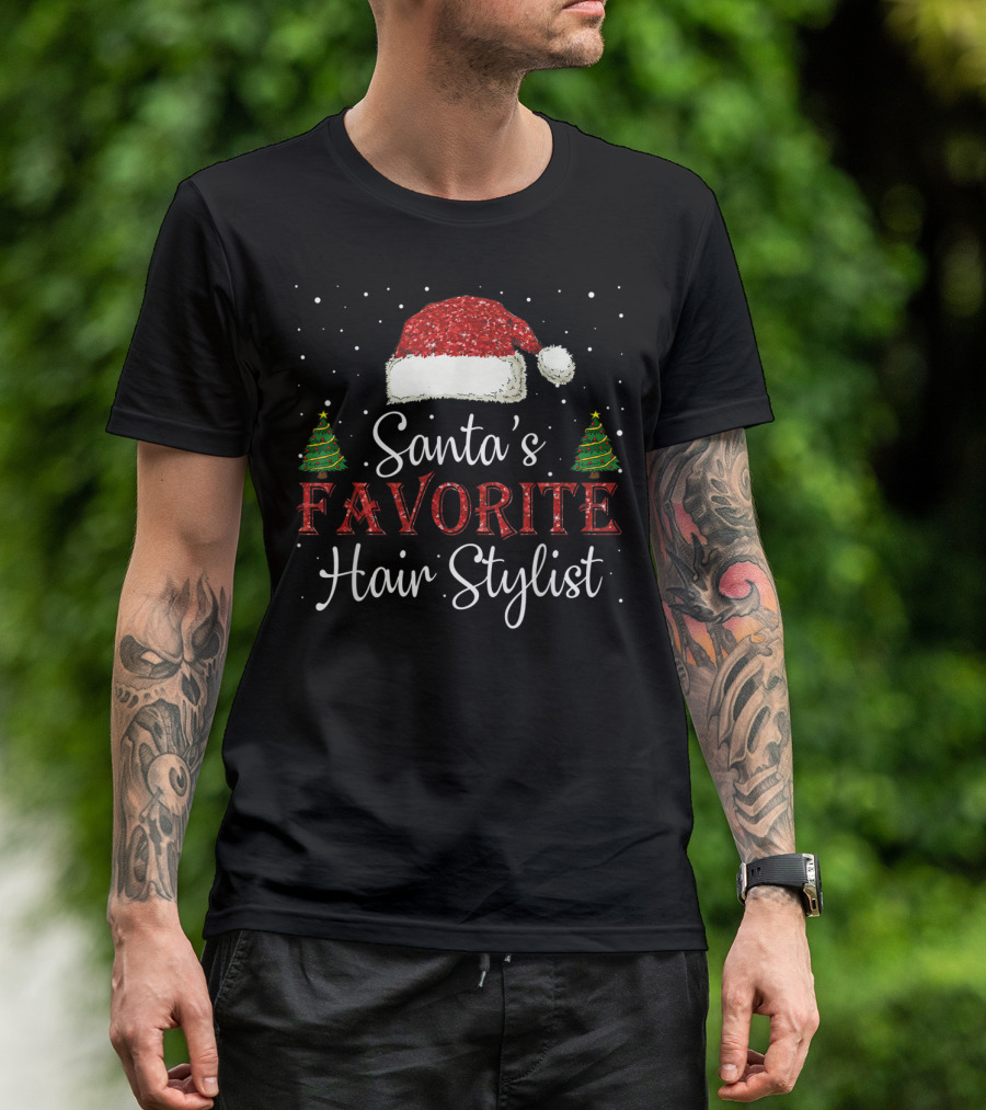 Santa's Favorite Hair Stylist Festive Christmas Hat With Trees T-Shirt