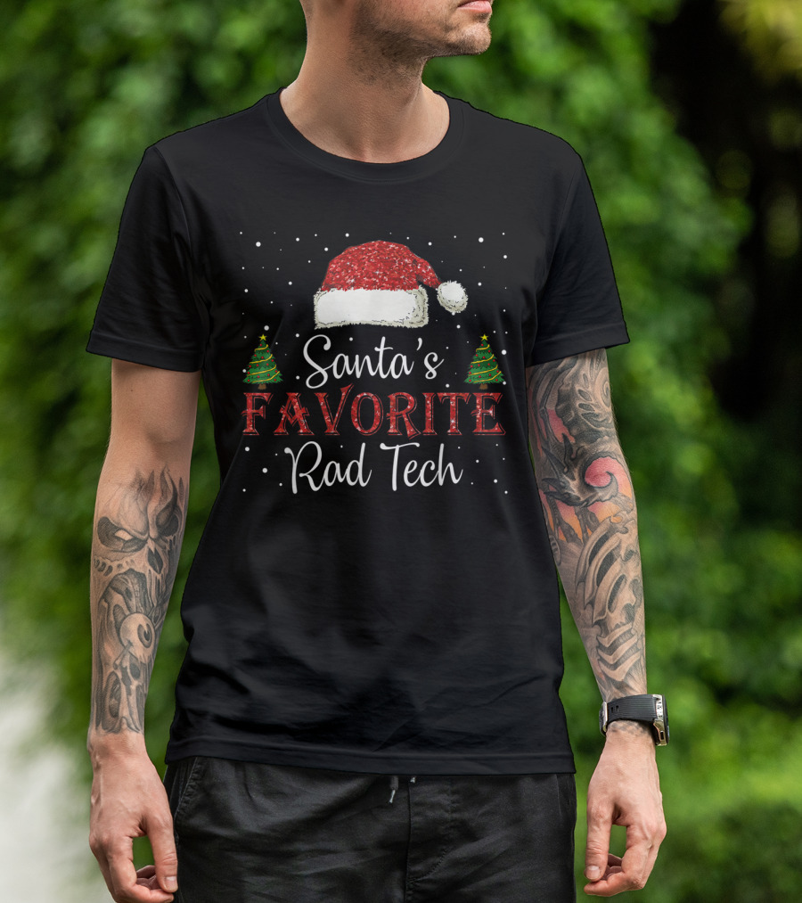 Santa's Favorite Rad Tech Christmas Santa Hat Snowflakes Trees T-Shirt
