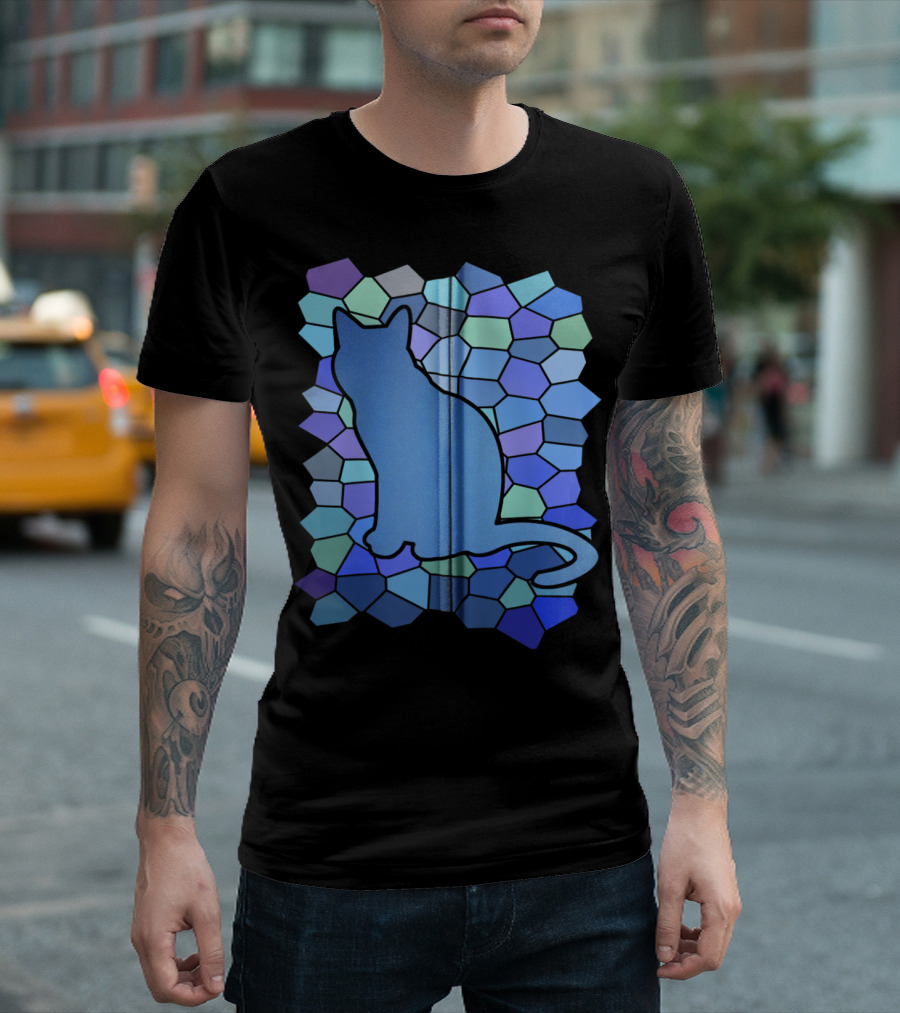 Stained Glass Cat Silhouette Design For Feline Enthusiasts T-Shirt