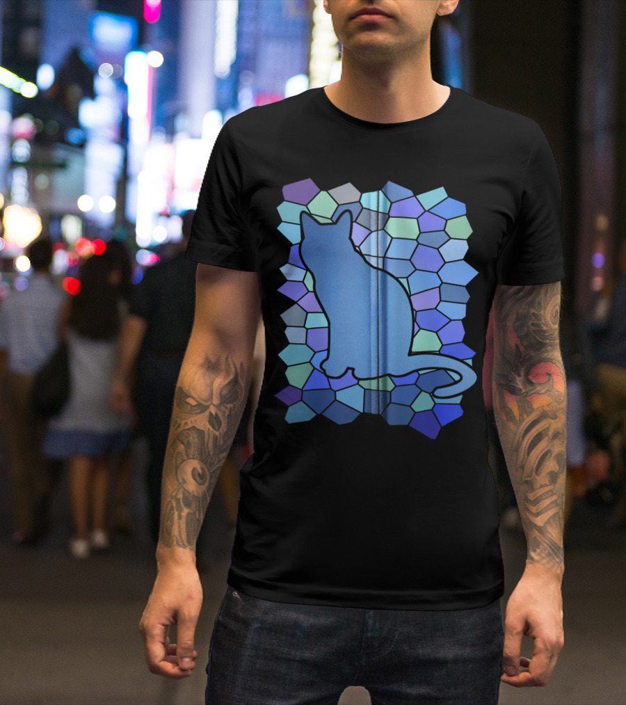 Stained Glass Cat Silhouette Design For Feline Enthusiasts T-Shirt