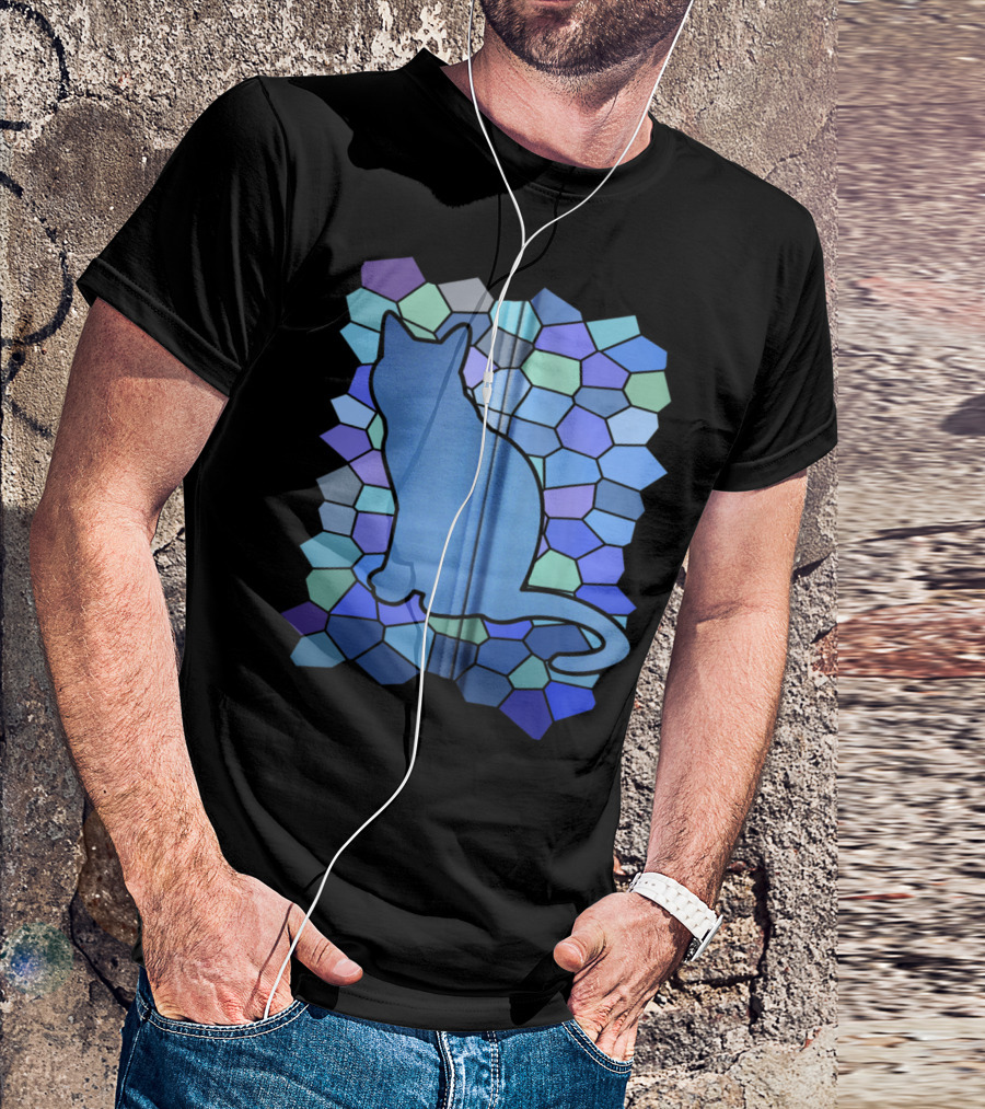 Stained Glass Cat Silhouette Design For Feline Enthusiasts T-Shirt