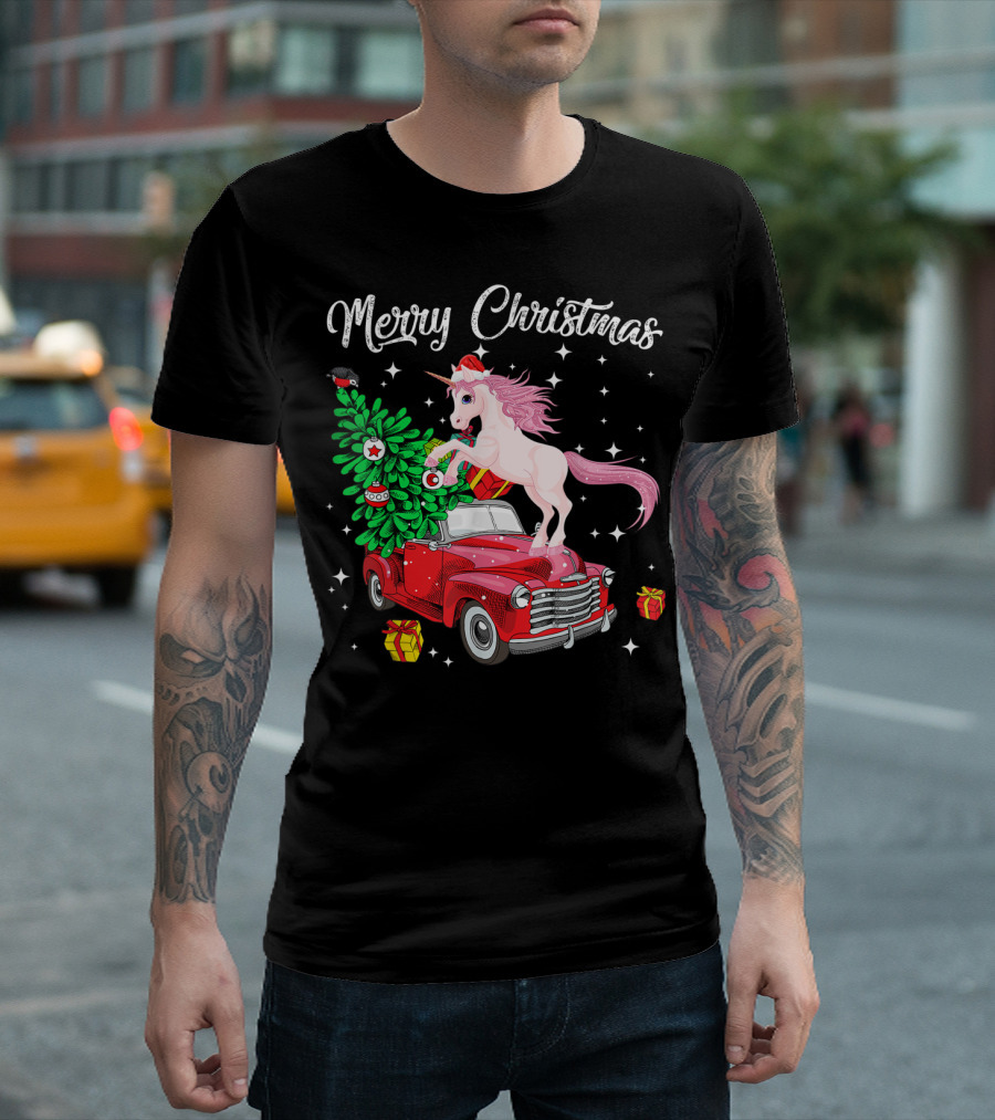 Merry Christmas Unicorn Pink Pony on Red Truck with Christmas Tree and Gifts T-Shirt