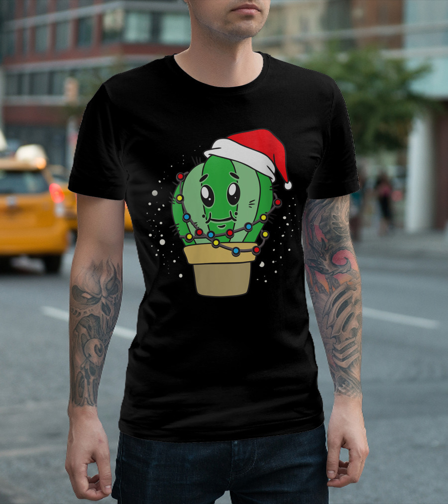 Christmas Lights Santa Hat Cactus Lover T-Shirt