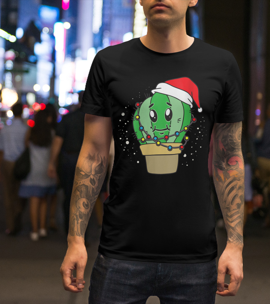 Christmas Lights Santa Hat Cactus Lover T-Shirt