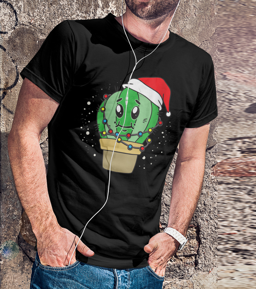 Christmas Lights Santa Hat Cactus Lover T-Shirt