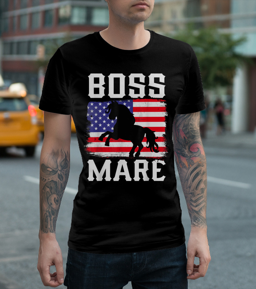 BOSS MARE AMERICAN USA HORSE LOVER RIDING FLAG T-Shirt