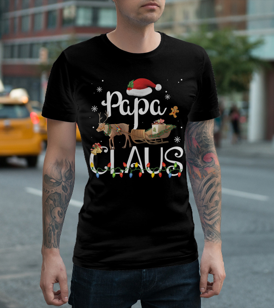 Papa Claus Santa Hat Reindeer Sleigh Christmas Lights Gingerbread Snowflakes Holiday T-Shirt