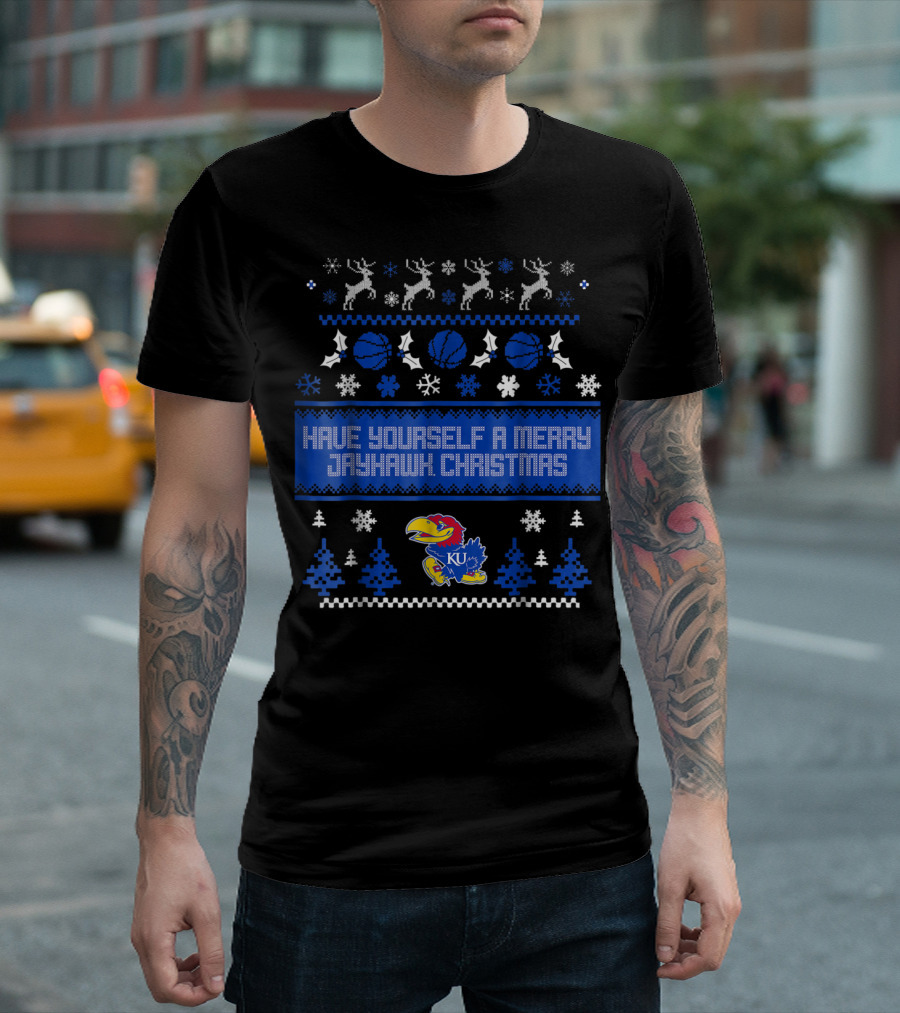HAVE YOURSELF A MERRY JAYHAWK CHRISTMAS KU BLUE SNOWFLAKES AND TREES T-Shirt