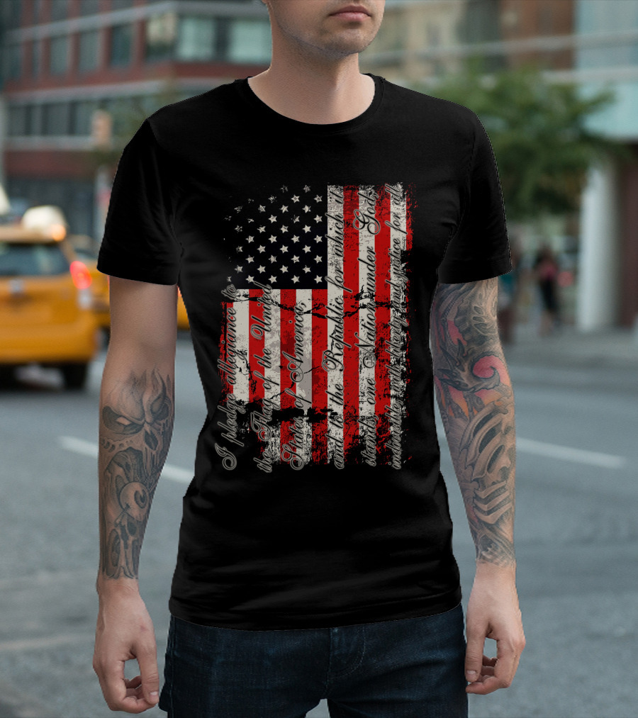 Vintage American Flag With Pledge Of Allegiance Text And Distressed Look T-Shirt