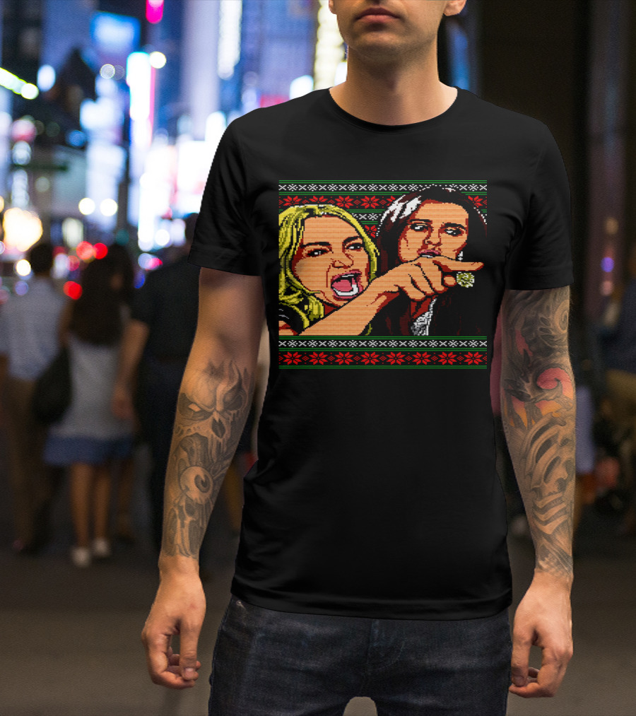 WOMAN YELLING AT A CAT Ugly Christmas Sweater Meme Scene T-Shirt