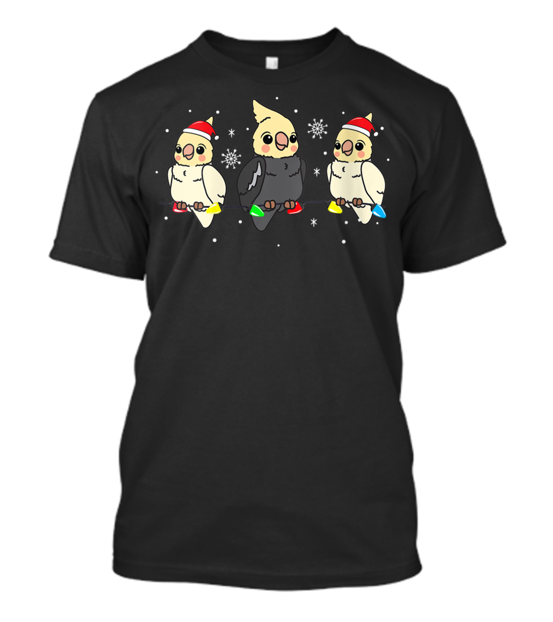 COCKATIEL BIRD WITH SANTA HATS AND CHRISTMAS LIGHTS SNOWFLAKES T-Shirt