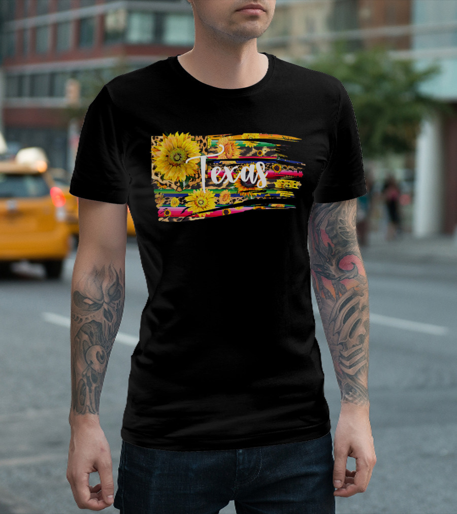 Texas Sunflower Stripes with Leopard Print T-Shirt