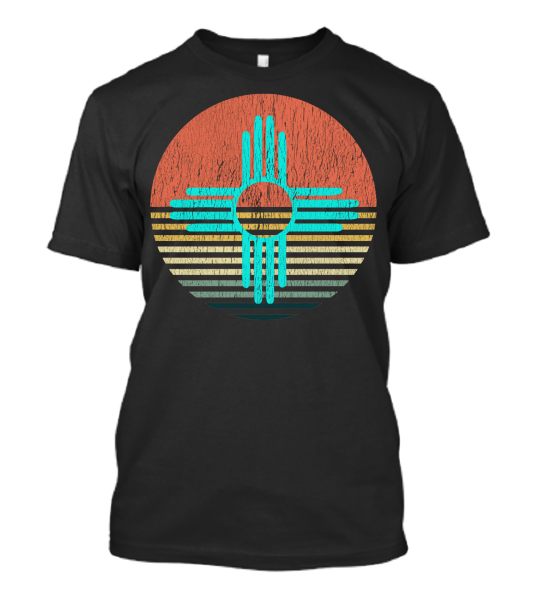 ZIA NEW MEXICO TURQUOISE SYMBOL VINTAGE SUNSET STRIPES T-Shirt