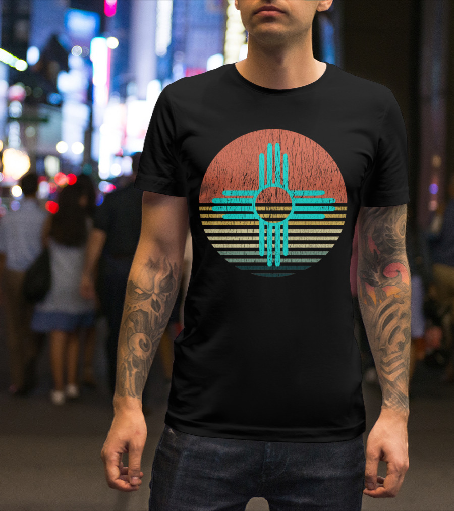 ZIA NEW MEXICO TURQUOISE SYMBOL VINTAGE SUNSET STRIPES T-Shirt