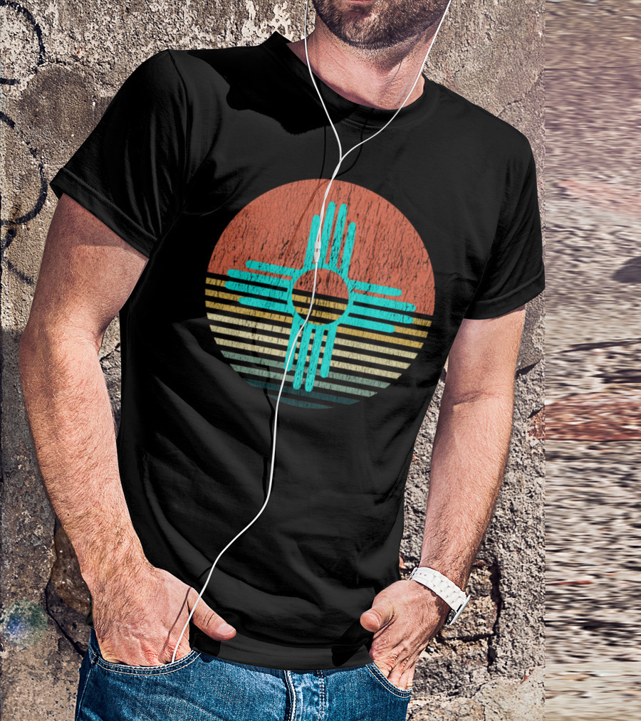 ZIA NEW MEXICO TURQUOISE SYMBOL VINTAGE SUNSET STRIPES T-Shirt