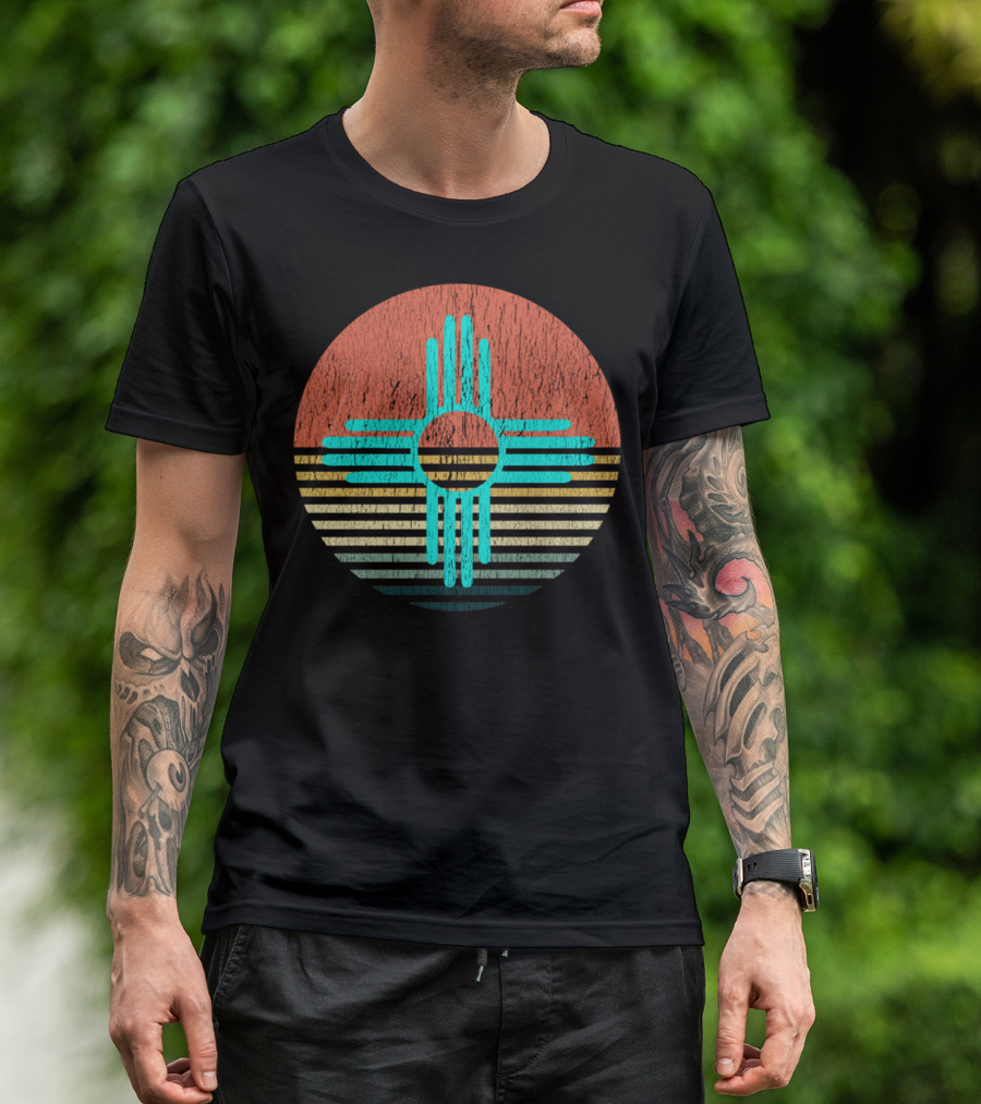ZIA NEW MEXICO TURQUOISE SYMBOL VINTAGE SUNSET STRIPES T-Shirt
