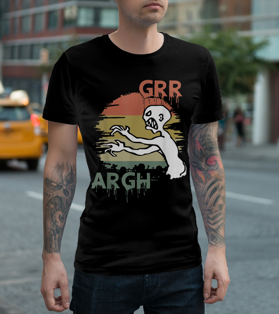 Mutant Enemy Zombie Grr Argh Monster With Retro Sunset Background T-Shirt