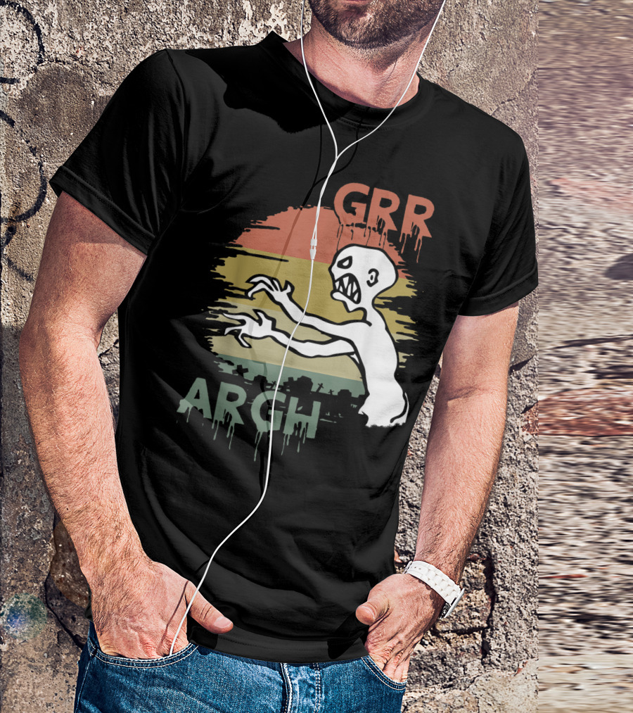 Mutant Enemy Zombie Grr Argh Monster With Retro Sunset Background T-Shirt