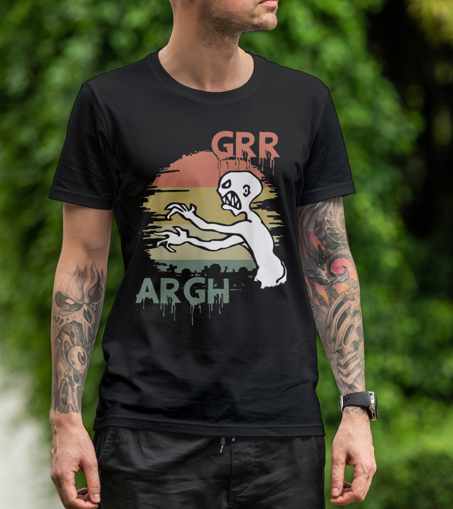 Mutant Enemy Zombie Grr Argh Monster With Retro Sunset Background T-Shirt