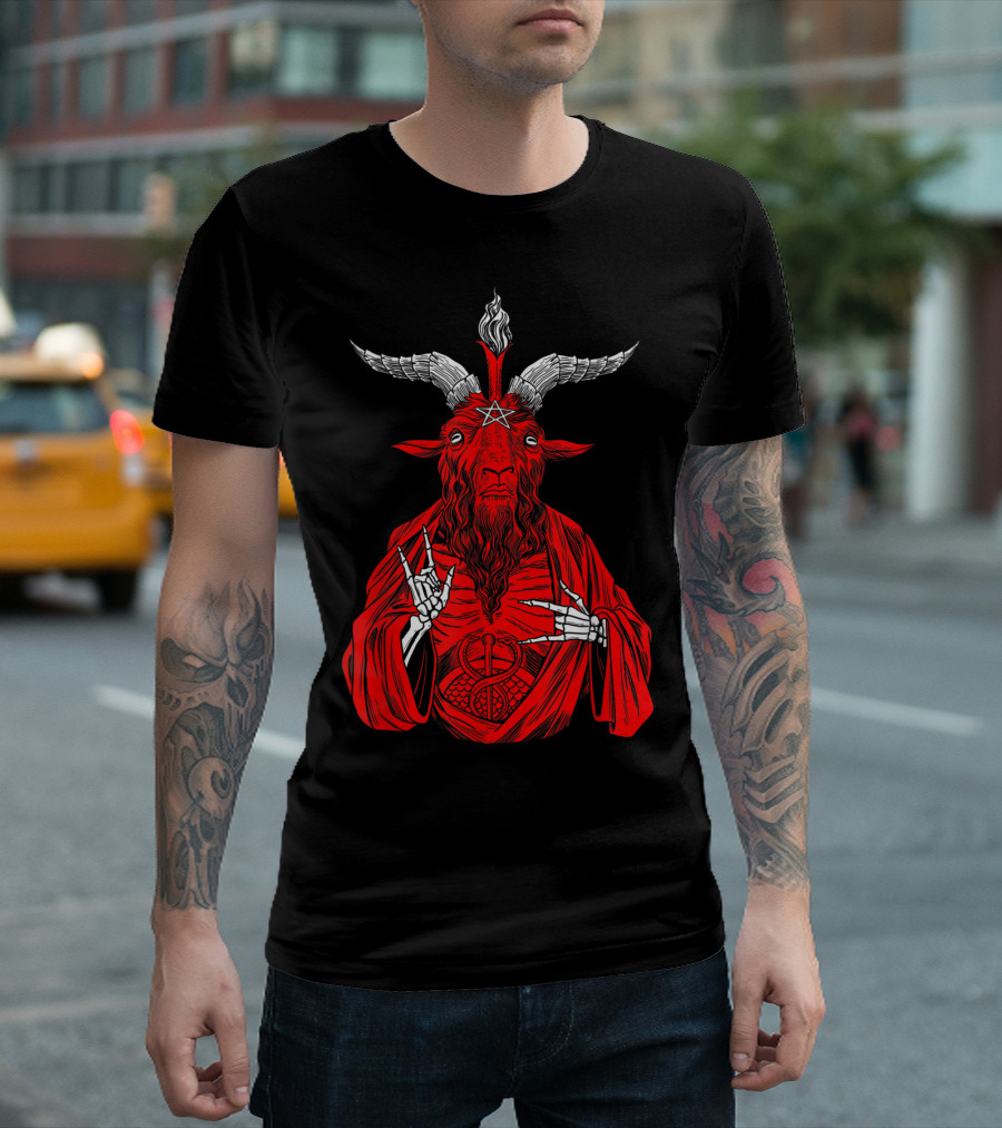 Blackcraft Antichrist Goat Satan Baphomet Pentagram Fire Skeleton Hands T-Shirt
