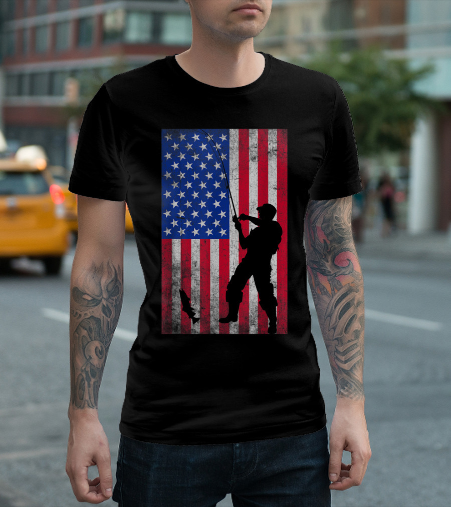 Fishing with American Flag 4th Of July T-Shirt