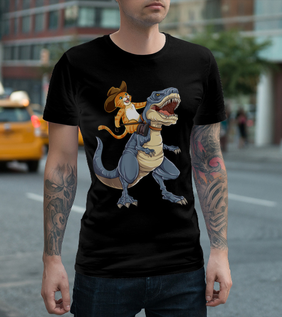 Cowboy Cat Riding Dinosaur Rex Purrassic Kitty Dino Adventure T-Shirt